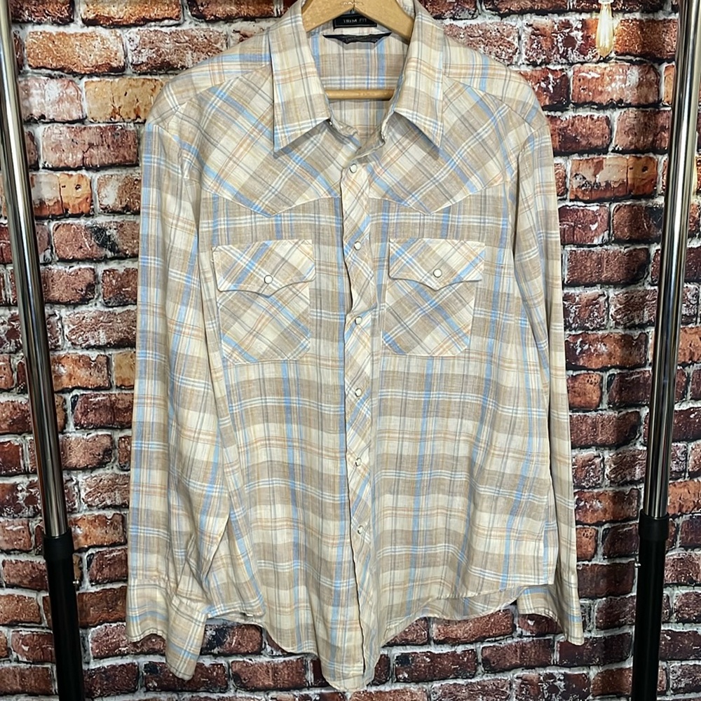 Essley Innovations vintage western shirt plaid tan men's xL trim fit snap button